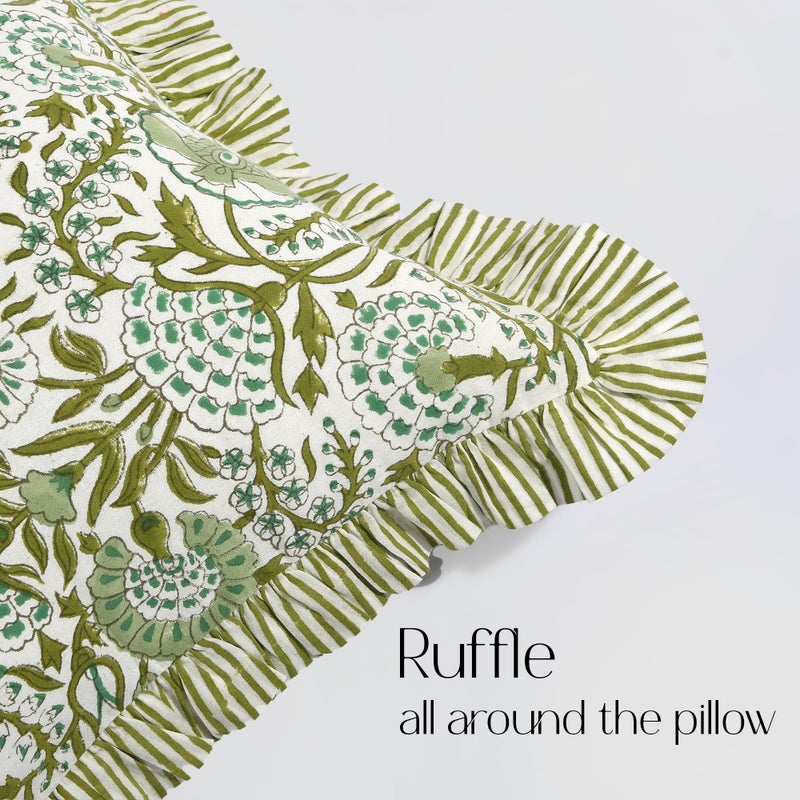 CPC COTTON PRINT CLU CPC Agate Green 100% Cotton Block Print Ruffle Sham Cover 14x36 inch  Handmade Boho Floral Pillowcase  Farmhouse Cottagecore Bedding  Soft Decorative Cushion Cover for Bedroom D?cor - Image 5